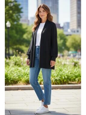 Liz Claiborne Black Open Front Cardigan Sweater, Size Large